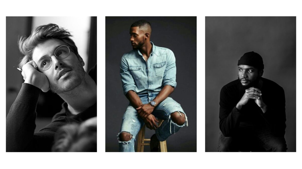 Four Black And White Photos Showcasing Male Model Poses Of Men Sitting On Chairs.