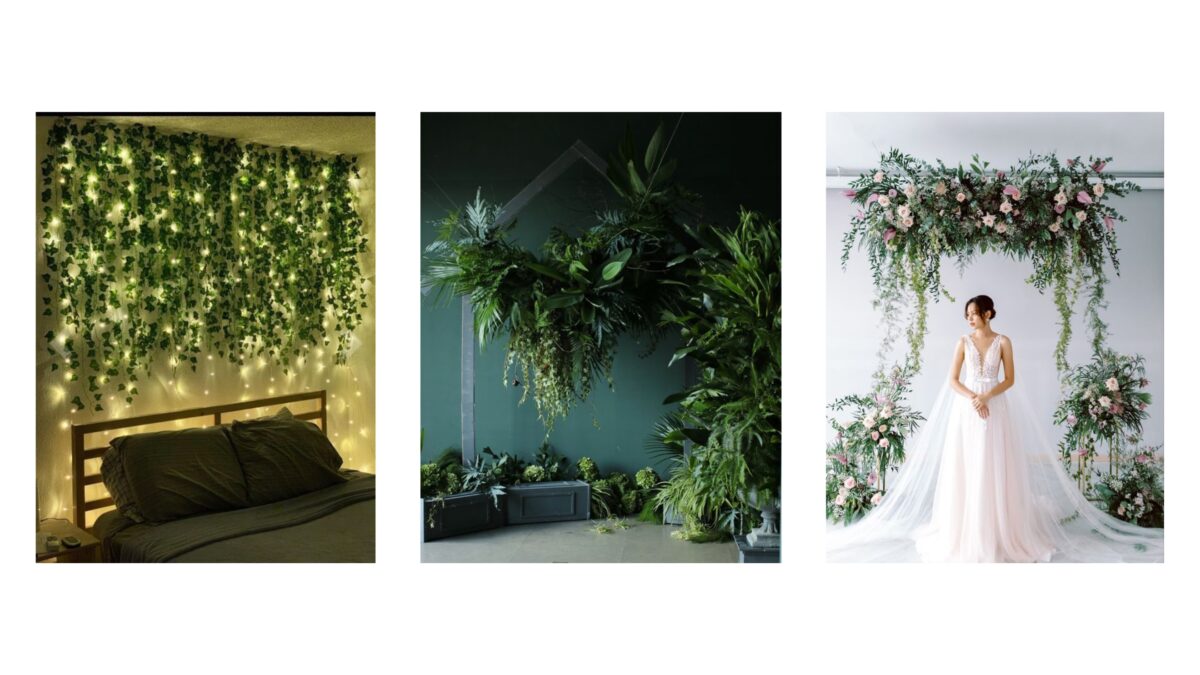 A Collage Of Wedding Pictures Featuring Greenery Hanging From The Ceiling, Offering Unique Backdrop Photography Ideas.