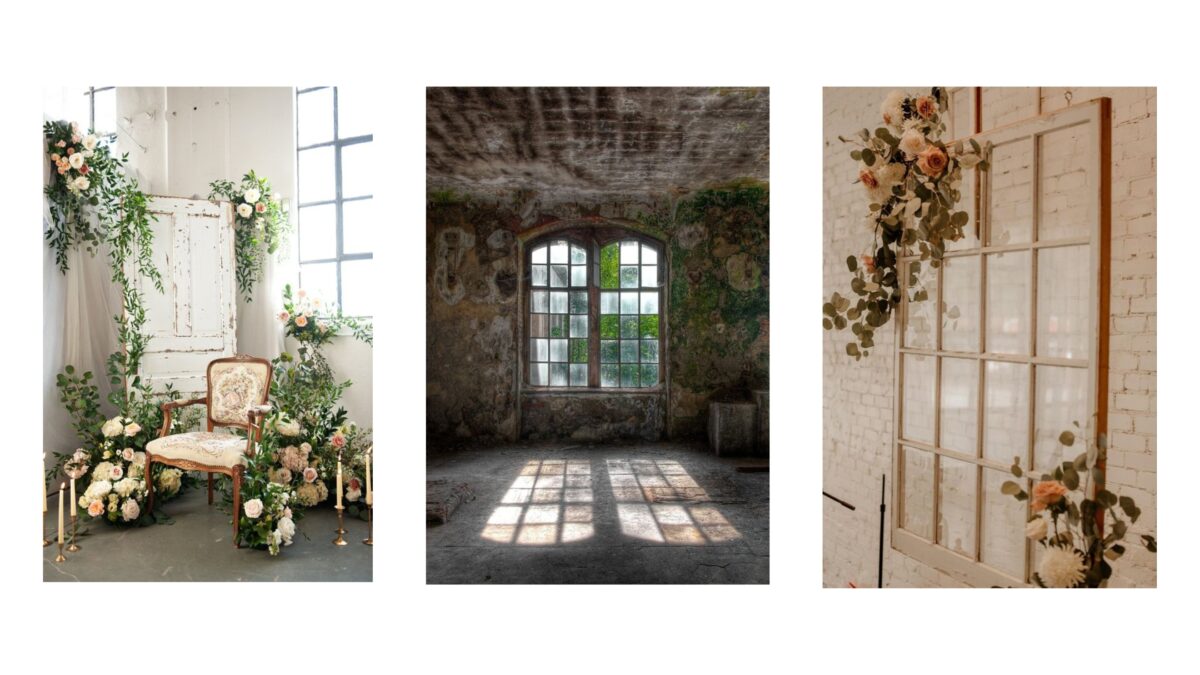 Four Pictures Showcasing Backdrop Ideas For A Room Decorated With Flowers And Greenery.