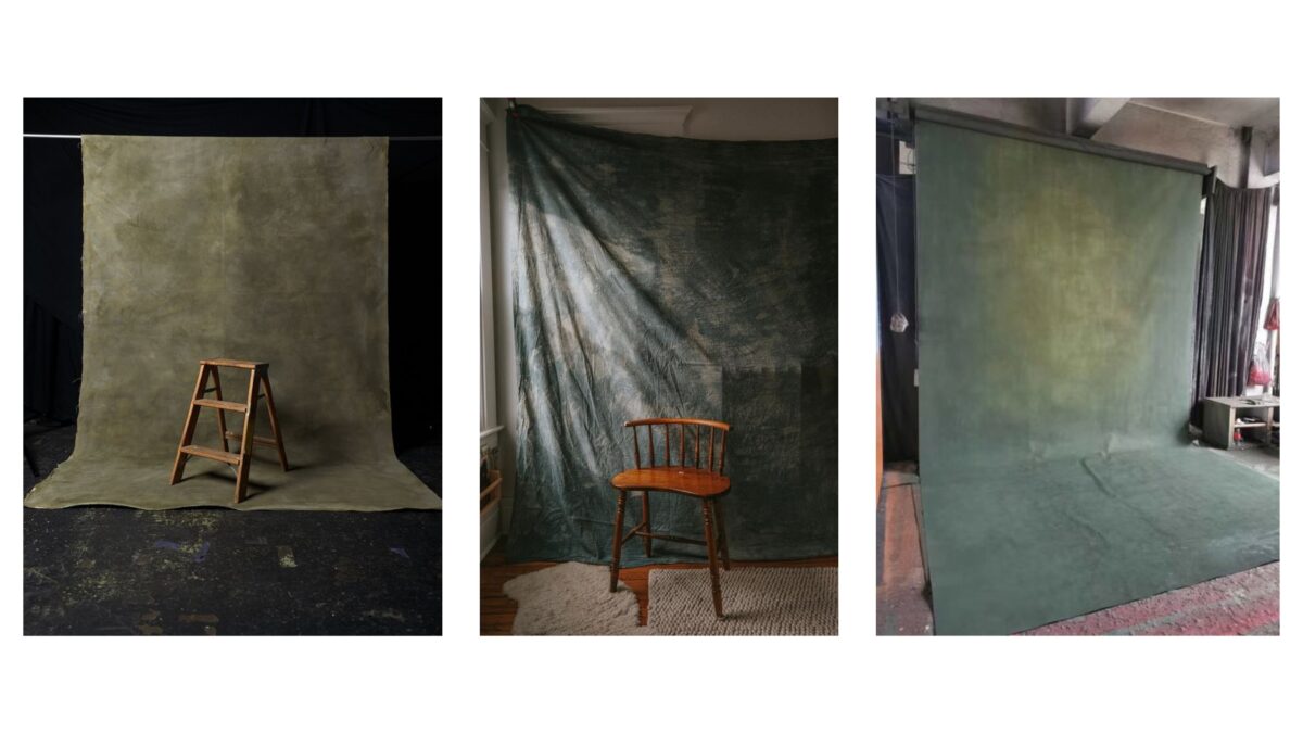 Four Pictures Showcasing Creative Backdrop Ideas For Photography With A Green Chair And Stool.