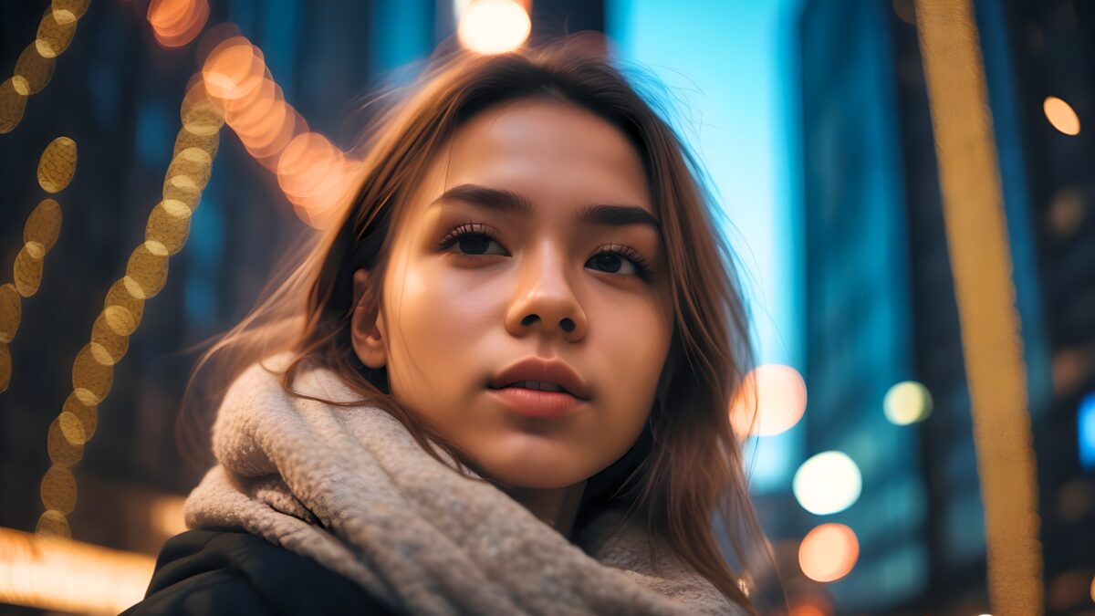 A Woman Adorned With A Scarf Poses For An Enchanting Portrait In The Vibrant Cityscape At Night.
