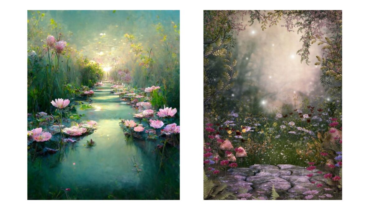 Beautiful Backdrop Ideas Featuring Two Paintings Of Water Lilies And A Path.