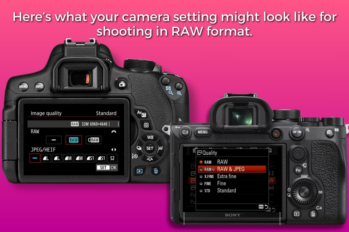 A Camera With The Words, Here'S What Your Camera Settings Might Look Like For Shooting In Raw Format. Capture Stunning Images And Explore Photo Editing For Beginners.