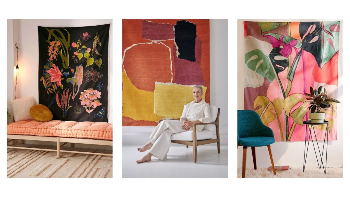 Four Pictures Of A Woman Sitting In Front Of A Vibrant Tapestry, Showcasing Creative Backdrop Ideas For Photography.