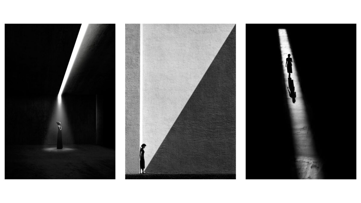 Four Shadow Photographs Of A Man Standing In A Dark Room.
