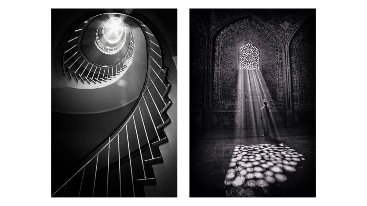 Two Captivating Black And White Pictures Of A Staircase Showcasing Exquisite Shadow Photography.