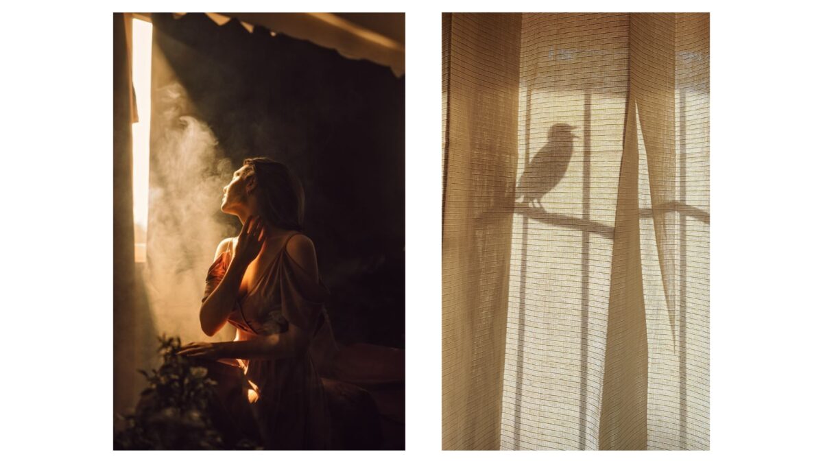 Two Pictures Of A Woman Sitting In Front Of A Window, Captured In Captivating Shadow Photography.