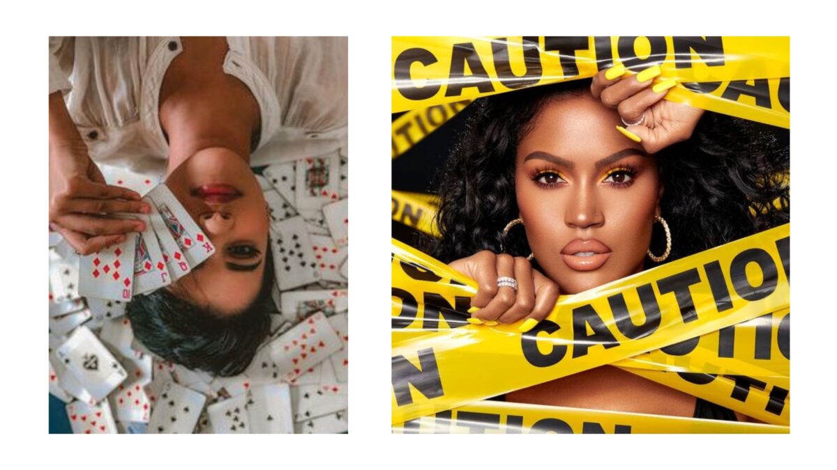 Two Intriguing Pictures Capturing A Woman With Caution Tape On Her Face, Against Creative Backdrop Ideas In Backdrop Photography.