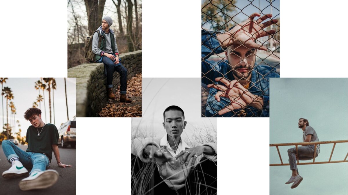 A Collage Of Photos Of A Male Model Sitting On A Fence, Striking Different Poses.