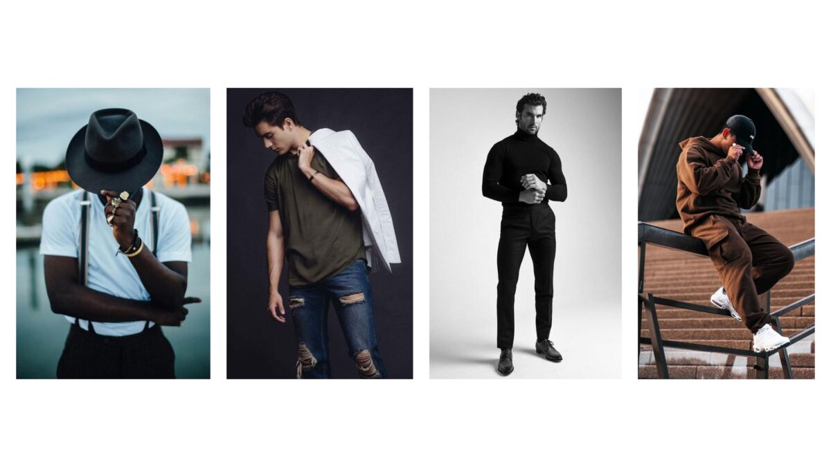 A Captivating Collage Showcasing Male Models Striking Various Poses In Different Outfits.