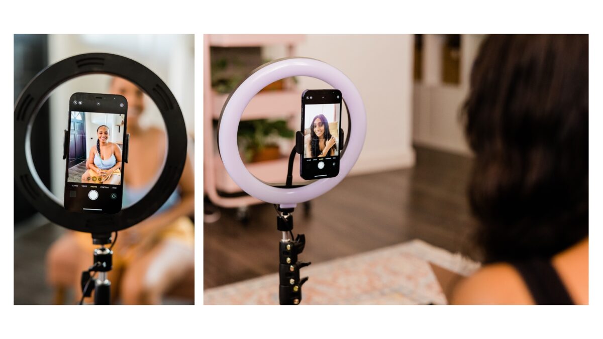 Two Pictures Of A Woman Holding A Phone While Using A Ring Light For Photography.