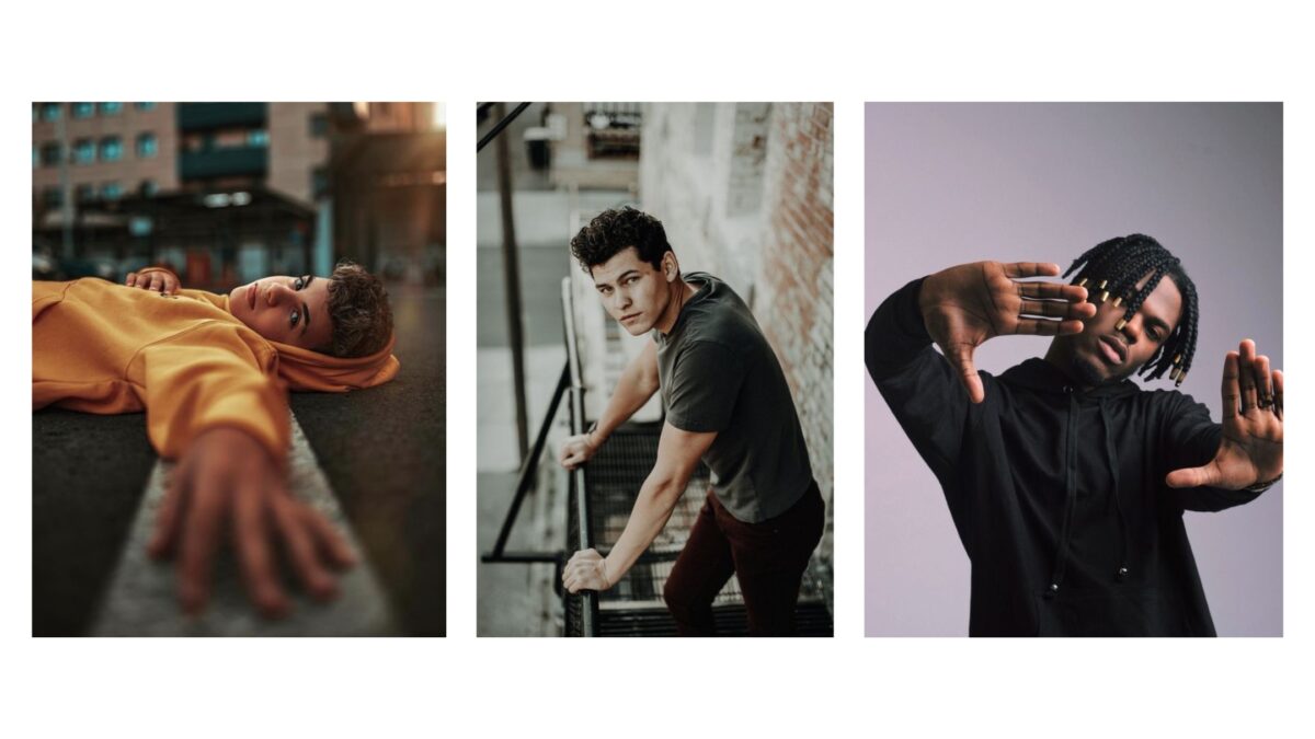 Four Pictures Of A Male Model Posing In Front Of A Wall.