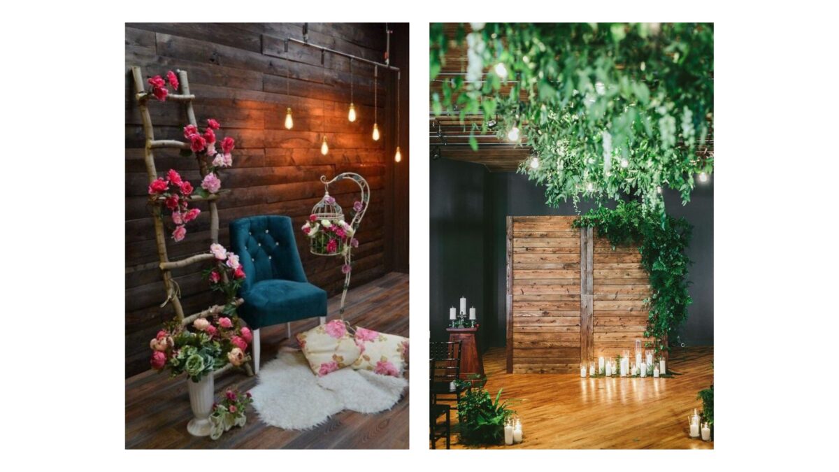 Two Pictures Of A Wedding Ceremony Featuring Elegant Greenery And Candlelit Backdrop.