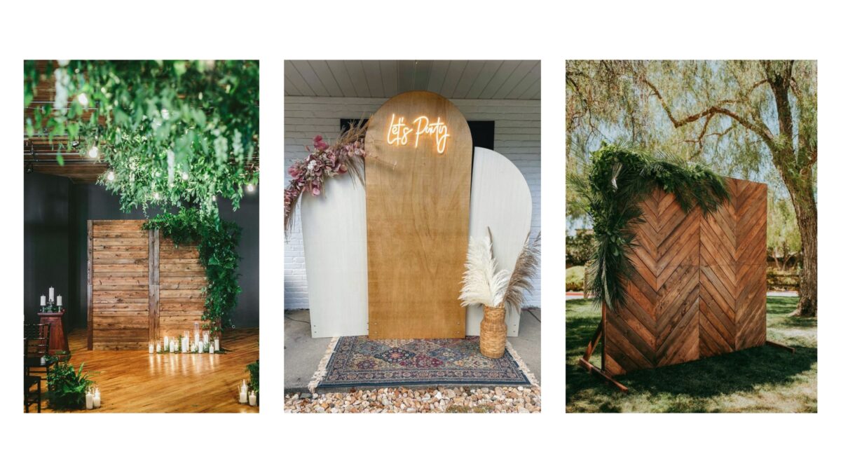 Four Different Photos Of A Wedding With A Wooden Backdrop And Plants, Showcasing Creative Backdrop Ideas.