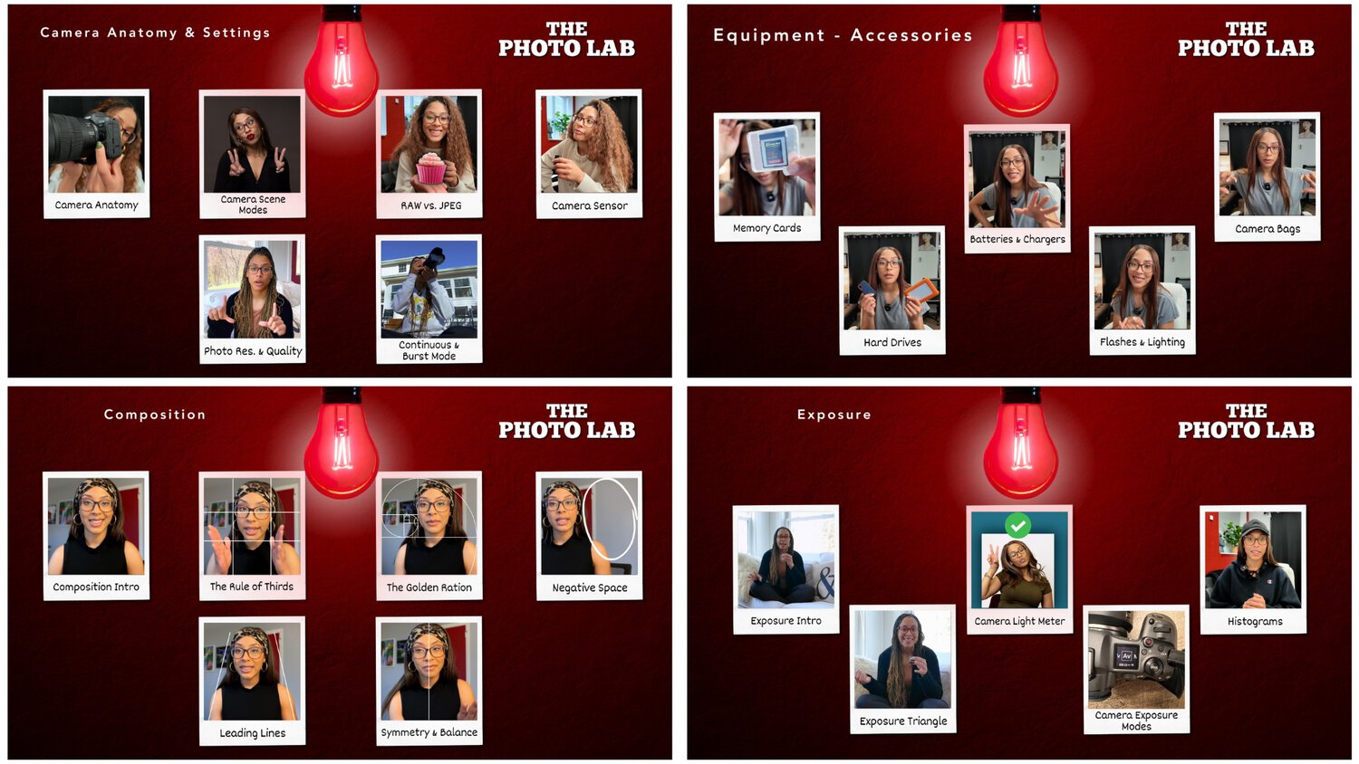 A Four-Panel Infographic Titled &Quot;The Photo Lab Video Course&Quot; Covering Camera Anatomy &Amp; Settings, Equipment &Amp; Accessories, Composition, And Exposure With Various Instructional Images And Text.