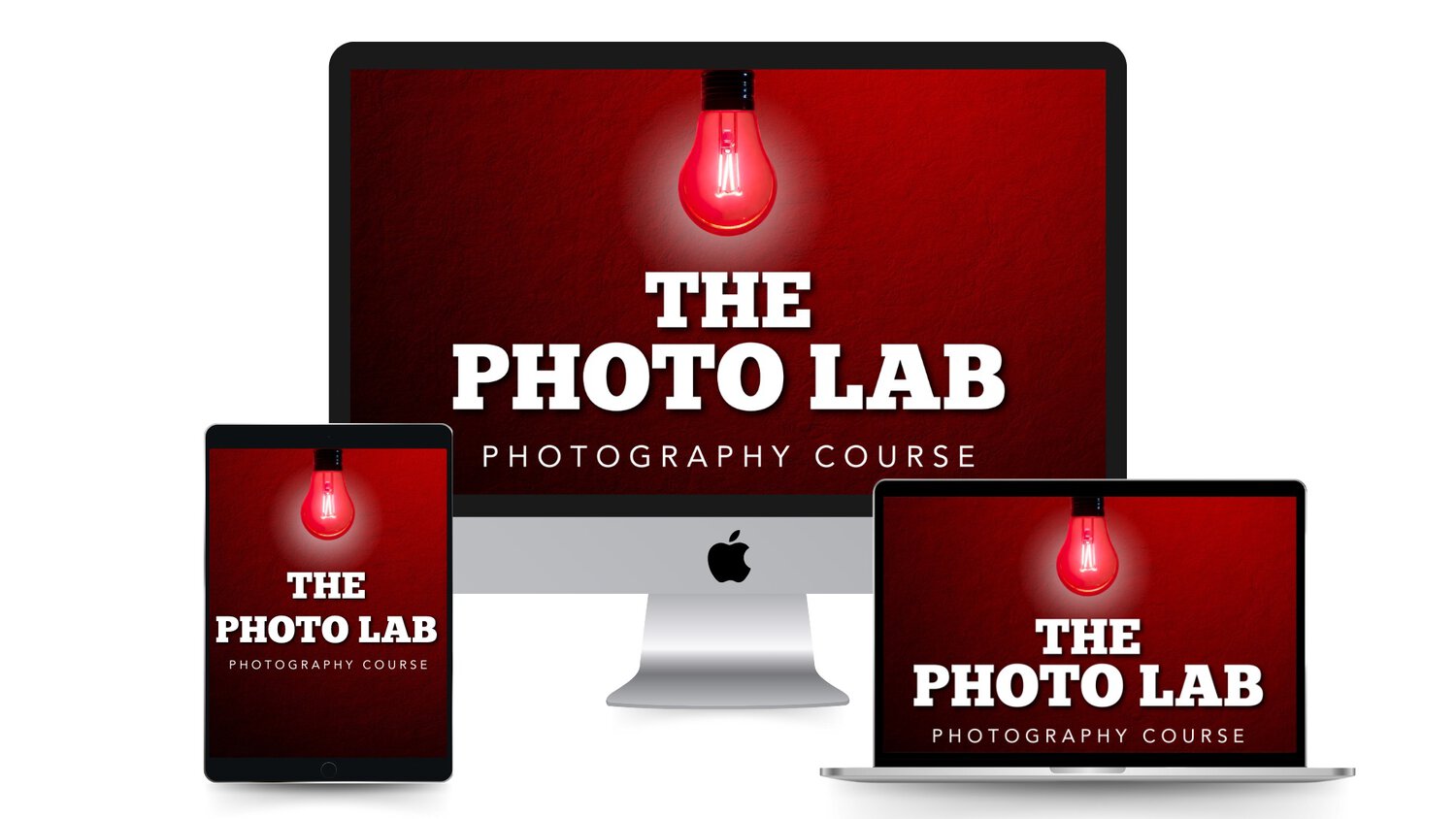 Illustration Of &Quot;The Photo Lab Photography Course&Quot; Displayed On An Imac, Ipad, And Laptop Screen With A Red Light Bulb Graphic On A Vibrant Red Background.