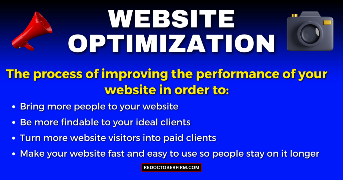 Website Optimization Graphic With A Bold Headline, Explaining The Process Of Improving Website Performance To Attract More Visitors, Increase Findability, Convert Visitors To Clients, And Enhance User Experience.